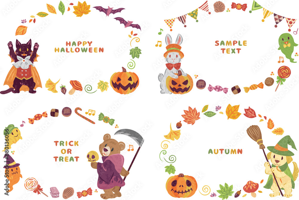 Fototapeta premium 10月 ハロウィーン 仮想衣装を着た動物たち 丸フレームイラスト素材セット
