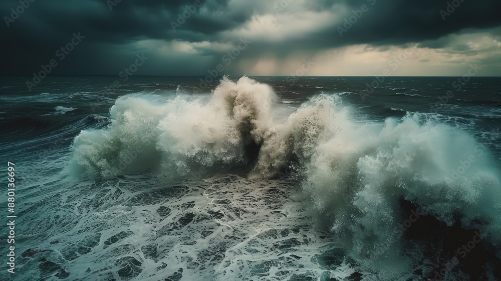 Obraz premium Powerful ocean waves crash against rocks under dark, stormy skies, showcasing the raw and dramatic force of nature.