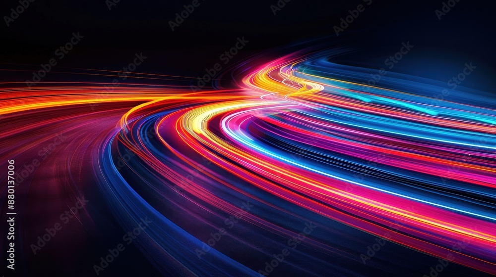 Abstract long exposure light trails in vivid neon colors creating a dynamic and futuristic visual effect against a dark backdrop. Abstract long exposure light trails in vivid neon colors creating a dynamic and futuristic visual effect against a dark backdrop.
