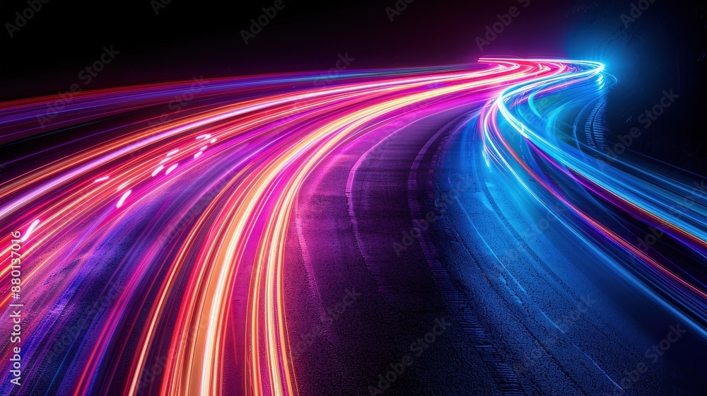 Vibrant neon light trails in pink and blue on a dark road, creating a dynamic and futuristic abstract background. Vibrant neon light trails in pink and blue on a dark road, creating a dynamic and futuristic abstract background.