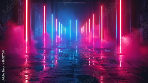 A visually striking futuristic corridor illuminated by vibrant blue and pink neon lights, with atmospheric fog creating a dramatic effect. © Sunshine
