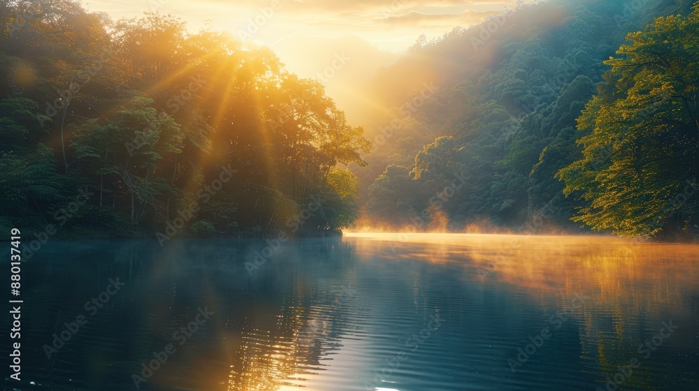 A tranquil scene of a misty lake at sunrise, surrounded by a lush green forest with golden sun rays filtering through the trees. A tranquil scene of a misty lake at sunrise, surrounded by a lush green forest with golden sun rays filtering through the trees.