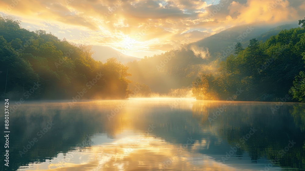 A tranquil sunrise scene with mist rising from a calm lake, surrounded by dense green forest and mountains in the background. A tranquil sunrise scene with mist rising from a calm lake, surrounded by dense green forest and mountains in the background.