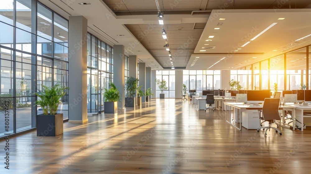 Spacious open office area with large windows, natural light, and contemporary design elements, perfect for business and corporate settings. Spacious open office area with large windows, natural light, and contemporary design elements, perfect for business and corporate settings.