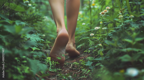 A person walking barefoot on a forest trail, capturing the serene and natural atmosphere of the woods.