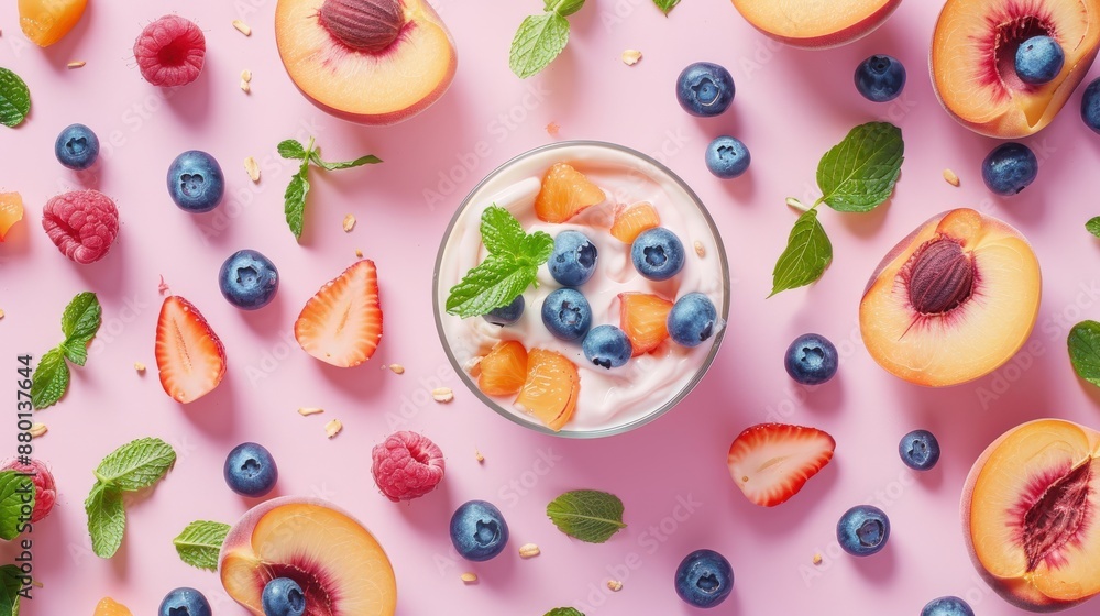 Hovering Above: Vibrant Yogurt with Peach and Blueberry Mosaic Hovering Above: Vibrant Yogurt with Peach and Blueberry Mosaic