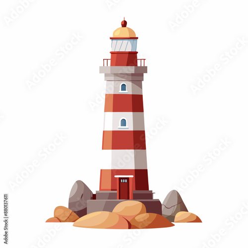 Lighthouse surrounded by stones. Navigation help for seafarers at sea. Vector illustration (8)