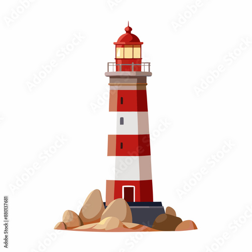 Lighthouse surrounded by stones. Navigation help for seafarers at sea. Vector illustration (16)