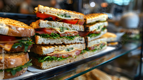 A selection of freshly made sandwiches stacked in a display case, featuring a variety of ingredients and flavors.