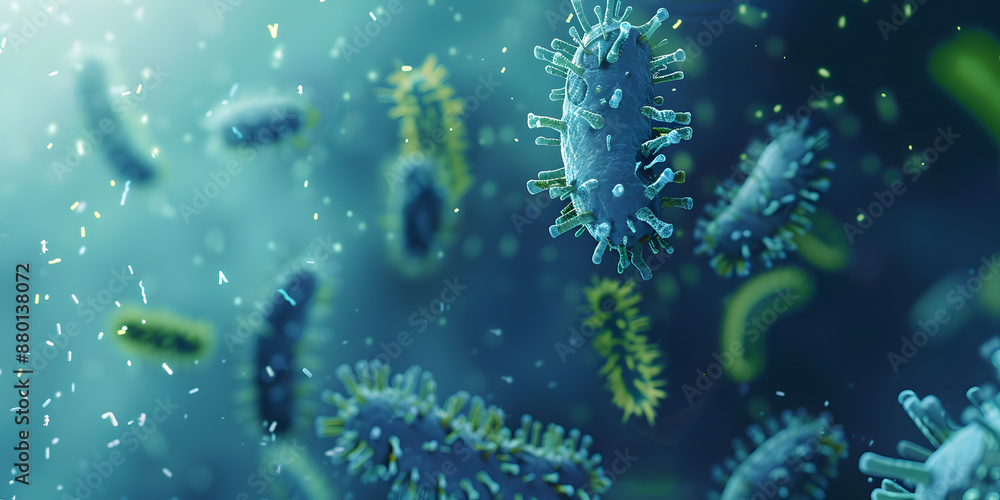 Fototapeta premium Bactérias azul-verde sob microscópio
