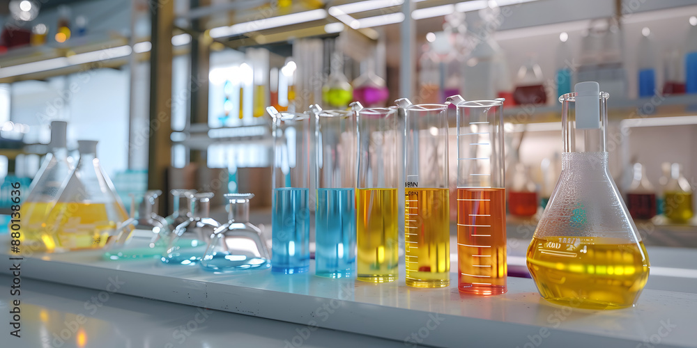 Recipientes e tubos de ensaio cheios de líquidos coloridos em uma mesa de laboratório Recipientes e tubos de ensaio cheios de líquidos coloridos em uma mesa de laboratório