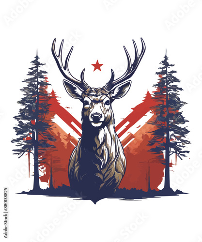 A deer roams the forest with a flag in the background