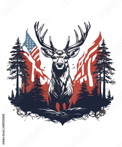 A deer roams the forest with a flag in the background