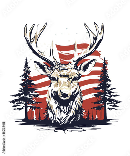 A deer roams the forest with a flag in the background