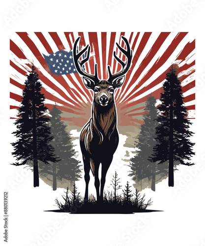 A deer roams the forest with a flag in the background