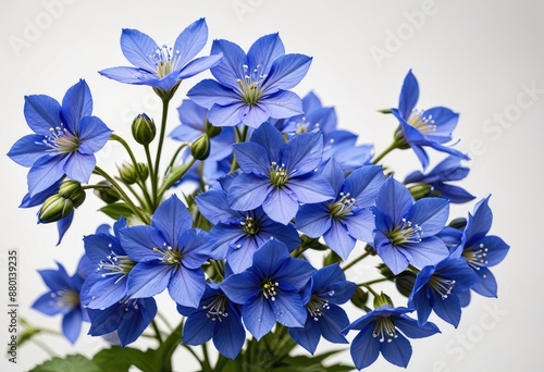 a cascade of delicate blue flowers with a gradient from dense to sparse blooms against a soft white background