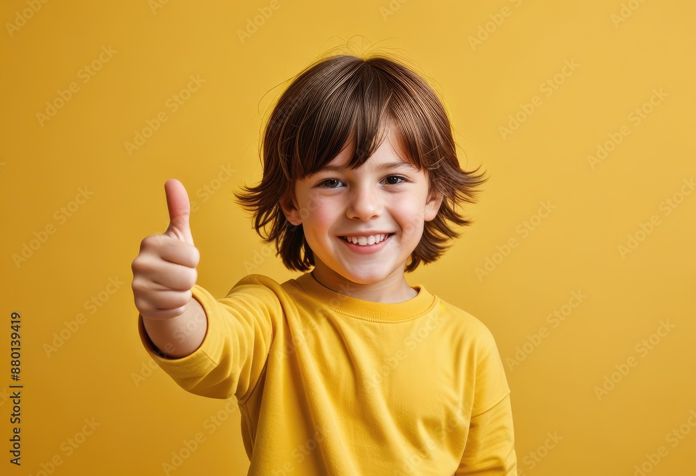 a child with an obscured face giving a thumbs up, set against a bright yellow background to convey a cheerful and positive vibe a child with an obscured face giving a thumbs up, set against a bright yellow background to convey a cheerful and positive vibe