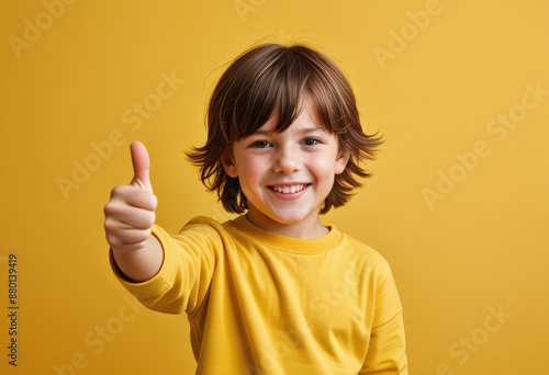 a child with an obscured face giving a thumbs up, set against a bright yellow background to convey a cheerful and positive vibe photo