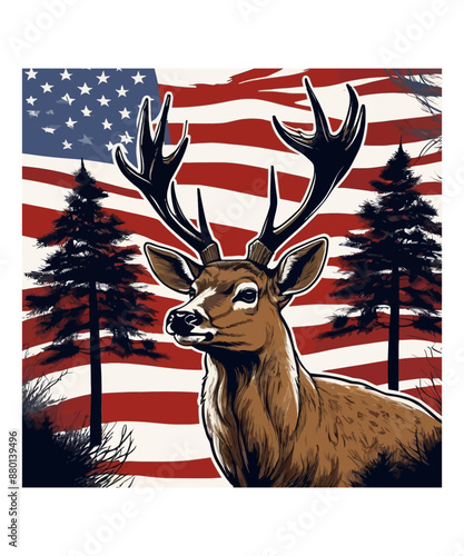 A deer roams the forest with a flag in the background