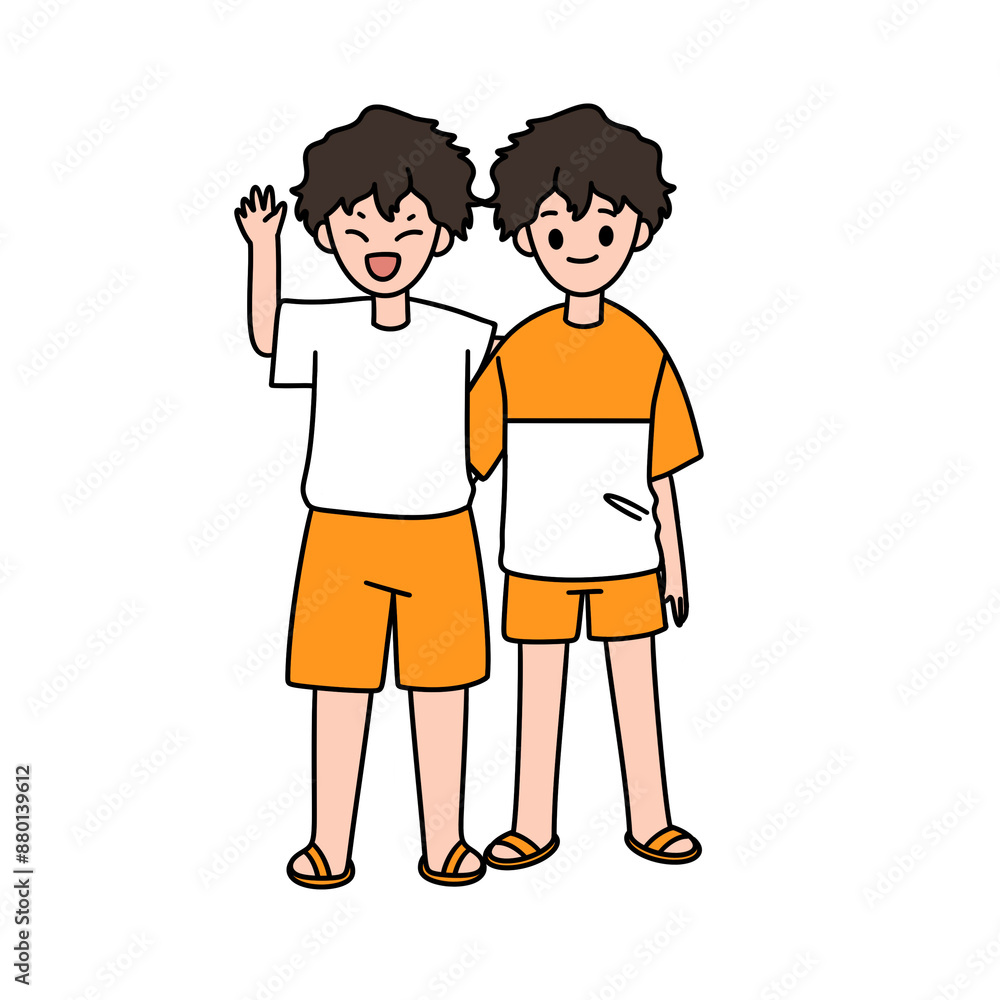Two boys are standing next to each other, one of them is waving Two boys are standing next to each other, one of them is waving