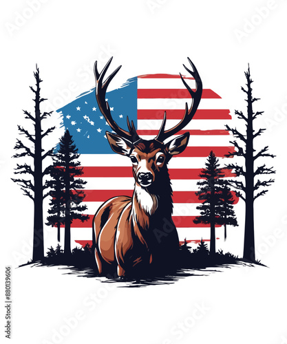 A deer roams the forest with a flag in the background