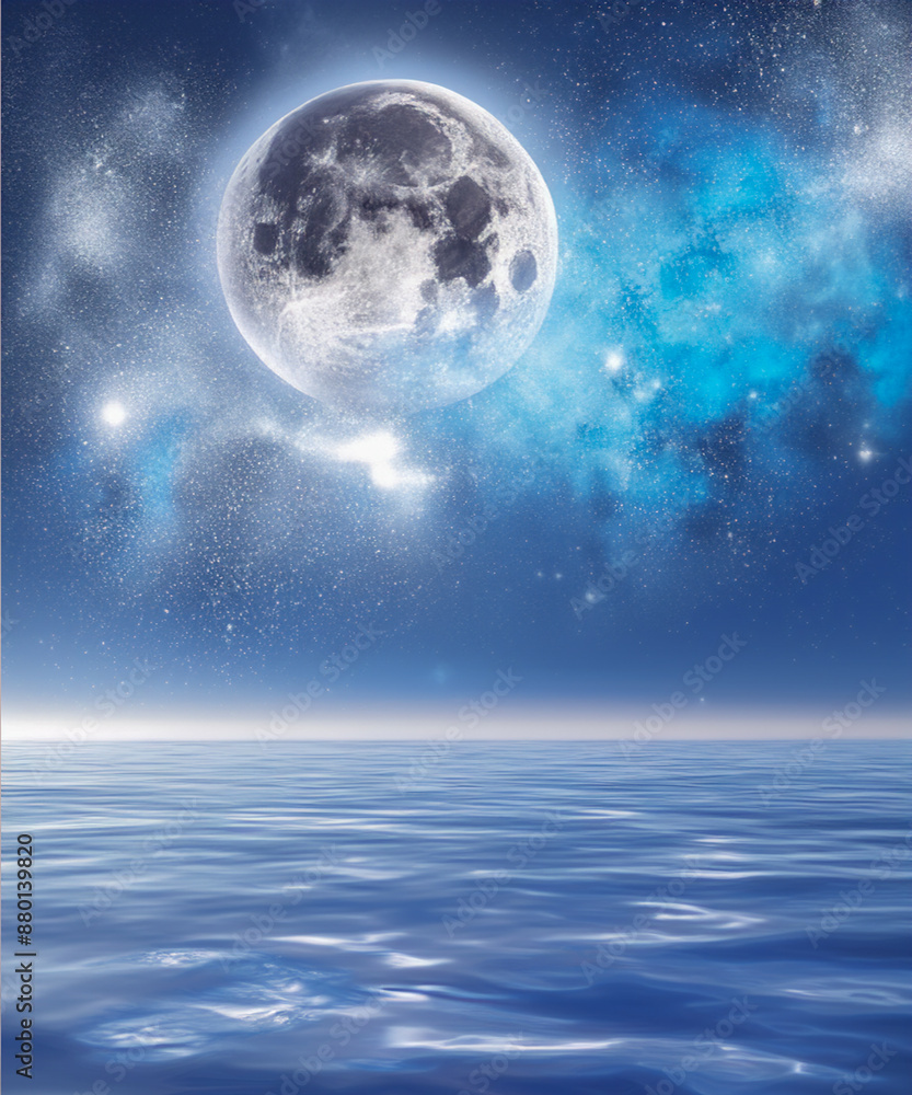 Surreal seascape with beautiful nebula, silver full moon and shimmering sea surface in fisheye view Surreal seascape with beautiful nebula, silver full moon and shimmering sea surface in fisheye view