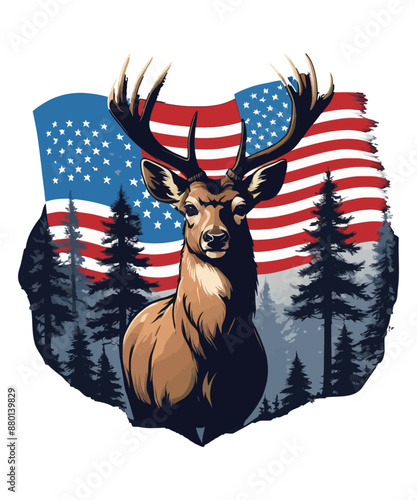 A deer roams the forest with a flag in the background
