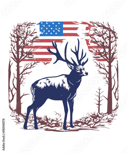 A deer roams the forest with a flag in the background