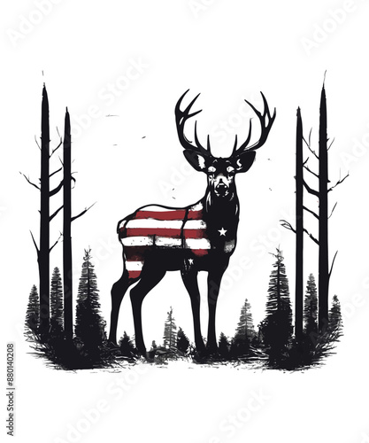 A deer roams the forest with a flag in the background