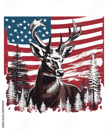A deer roams the forest with a flag in the background