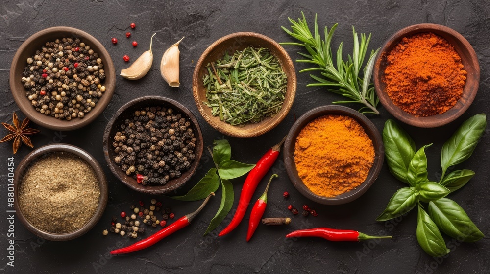 Capture the vibrant hues and aromatic essence of herbs and spices in this overhead shot essential ingredients for culinary adventures and a healthy lifestyle. Capture the vibrant hues and aromatic essence of herbs and spices in this overhead shot essential ingredients for culinary adventures and a healthy lifestyle.
