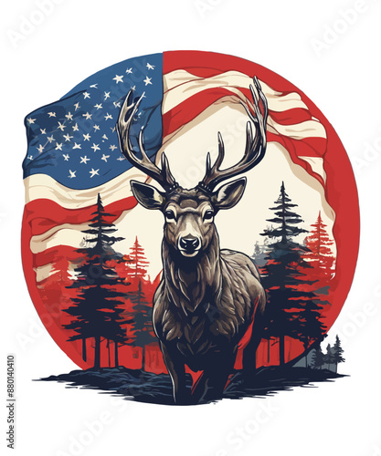 A deer roams the forest with a flag in the background