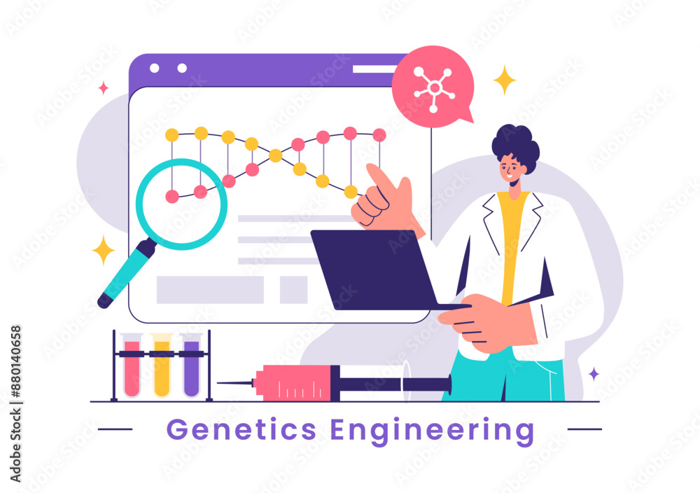 Vector Illustration of Genetic Engineering and DNA Modifications with Genetics Research or Experiment Scientists in a Flat Cartoon Style Background Vector Illustration of Genetic Engineering and DNA Modifications with Genetics Research or Experiment Scientists in a Flat Cartoon Style Background