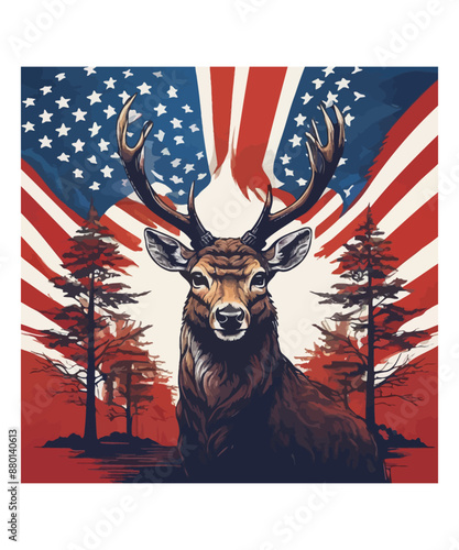 A deer roams the forest with a flag in the background