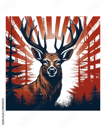 A deer roams the forest with a flag in the background