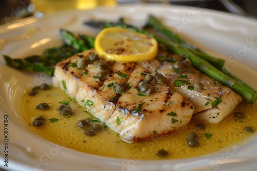 Grilled Fish with Lemon, Asparagus, and Caper Sauce photo