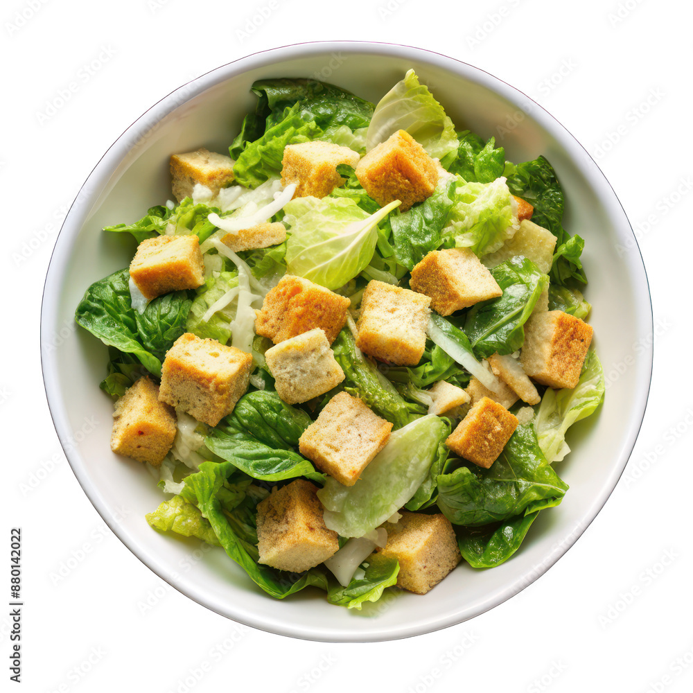 Caesar salad on white bowl top view isolated on transparent background Caesar salad on white bowl top view isolated on transparent background