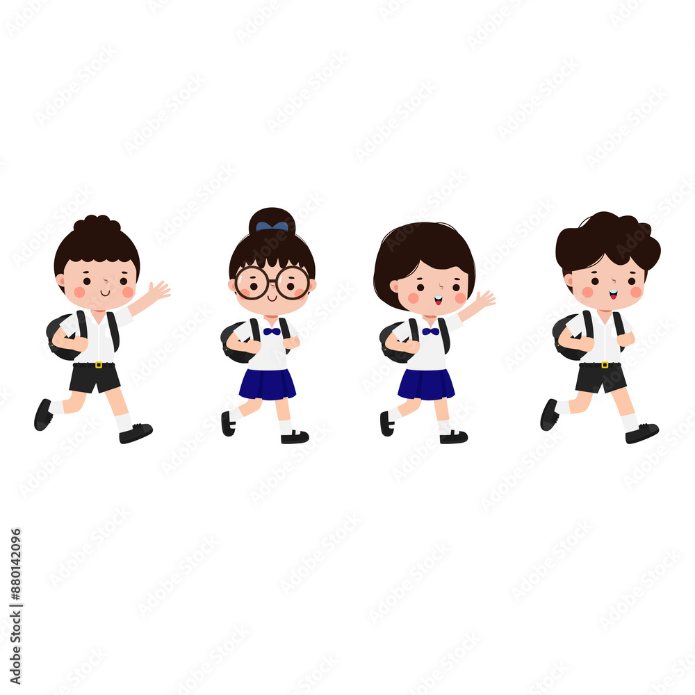 thai student crossing the crosswalk back to school, Cute cartoon character illustration flat style thai student crossing the crosswalk back to school, Cute cartoon character illustration flat style