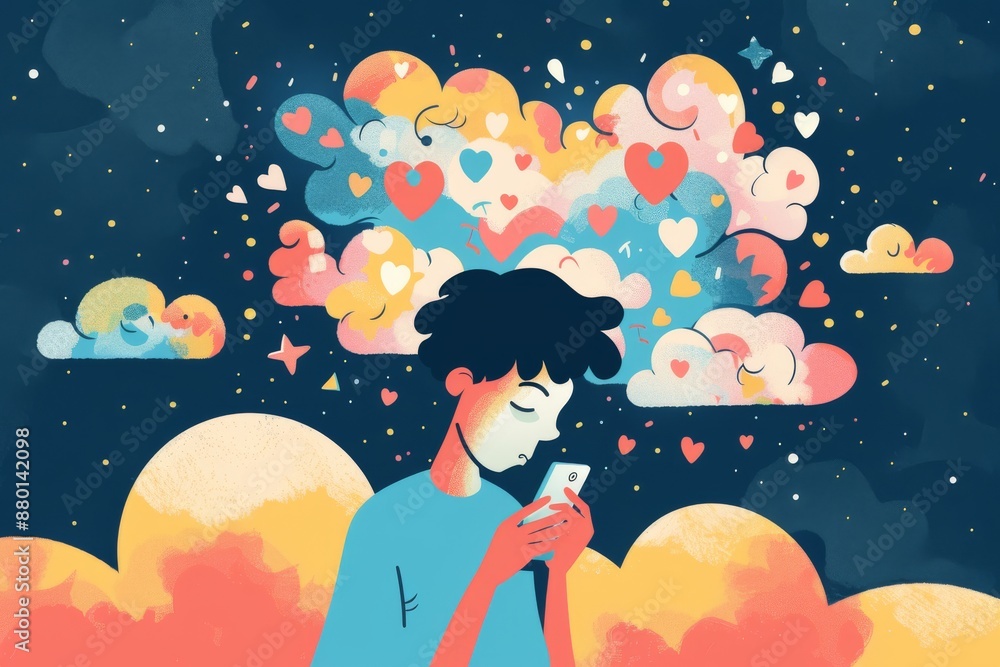 Person Looking at Phone with Hearts and Clouds Person Looking at Phone with Hearts and Clouds