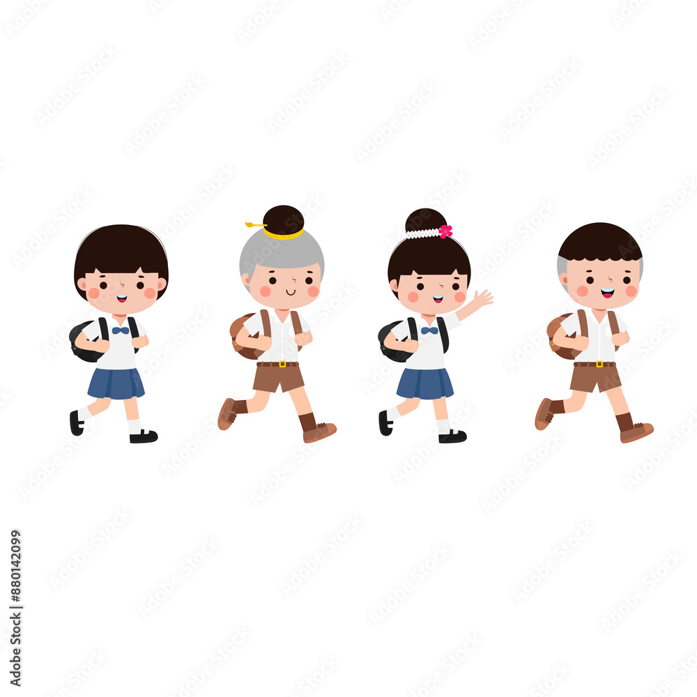 thai student crossing the crosswalk back to school, Cute cartoon character illustration flat style thai student crossing the crosswalk back to school, Cute cartoon character illustration flat style