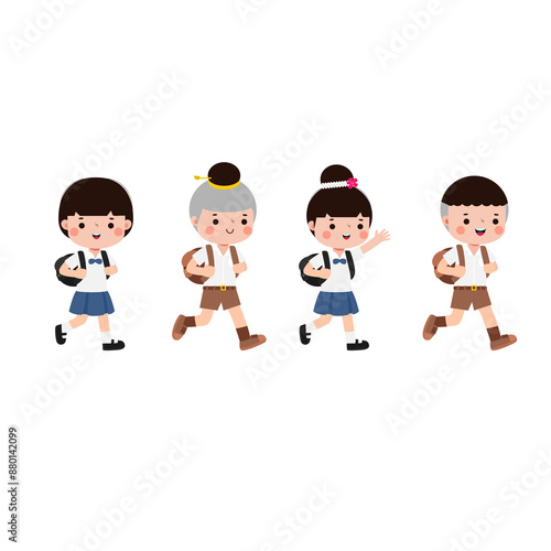thai student crossing the crosswalk back to school, Cute cartoon character illustration flat style