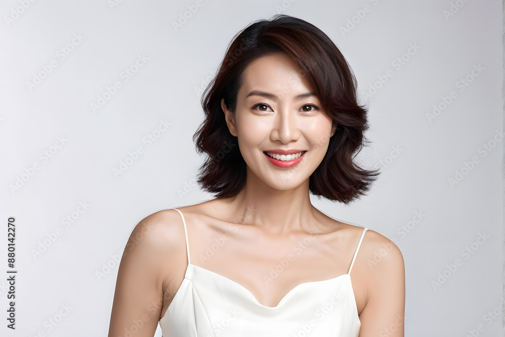 A woman with a short haircut and a white dress is smiling A woman with a short haircut and a white dress is smiling
