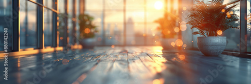 A modern office hallway bathed in sunrise light, creating a calm and inspirational environment. The blurred background, glass windows, and contemporary design enhance the elegant and professional