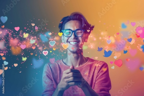 Smiling Man Surrounded by Social Media Hearts