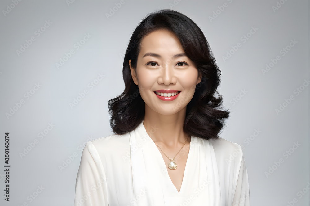 A woman with a necklace and a smile on her face A woman with a necklace and a smile on her face
