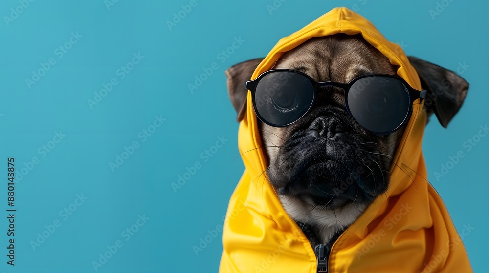 Fototapeta premium Cool Pug in Yellow Raincoat and Sunglasses