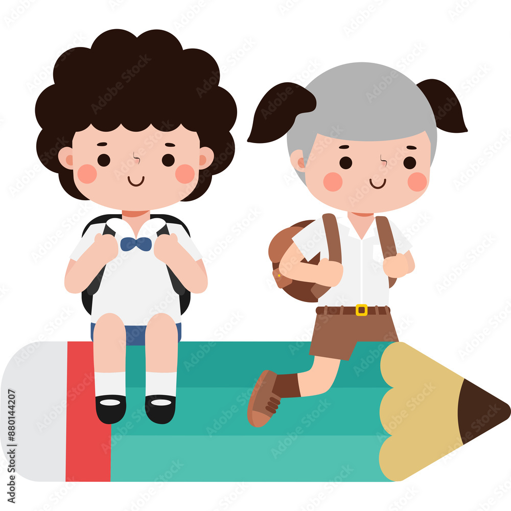 cartoon thai student flying on Pencil, cute kid riding a Pencil character, back to school cartoon thai student flying on Pencil, cute kid riding a Pencil character, back to school