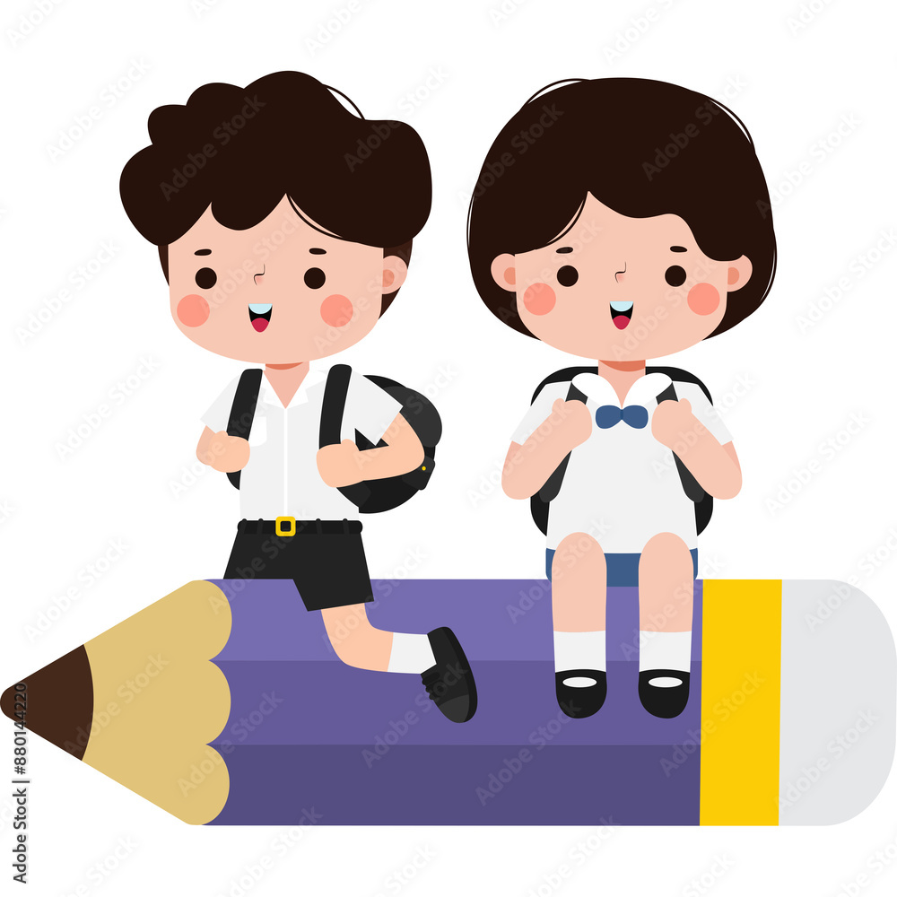 cartoon thai student flying on Pencil, cute kid riding a Pencil character, back to school cartoon thai student flying on Pencil, cute kid riding a Pencil character, back to school