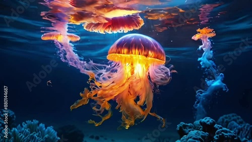 flaming jellyfish in the sea. seamless looping 4K video photo