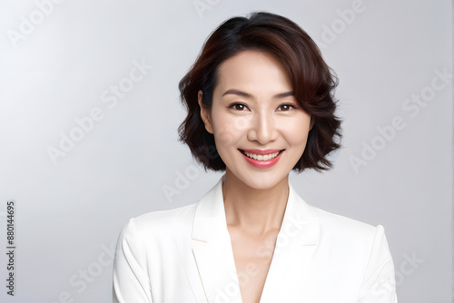 A woman with a short haircut and a white jacket is smiling